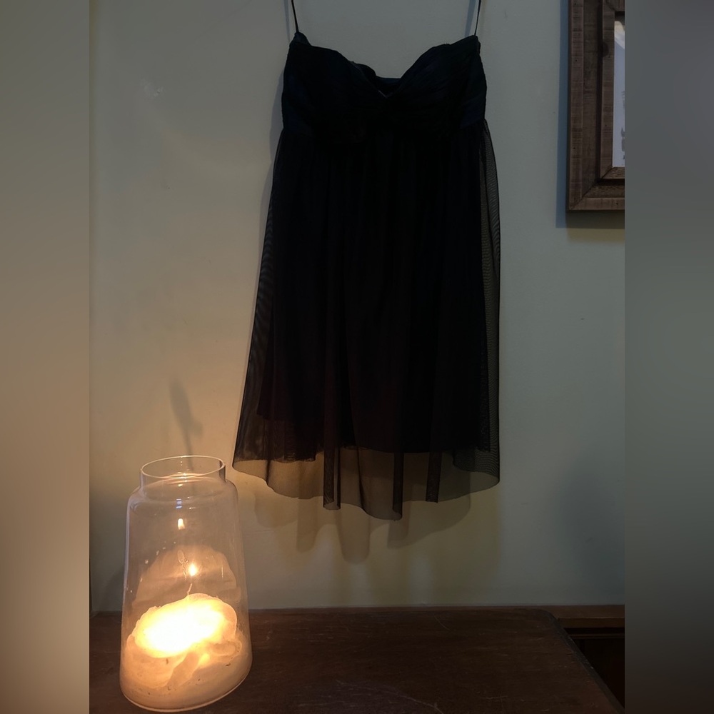 Calvin Klein sweetheart neckline LBD with tuxedo pleated satin and black tulle